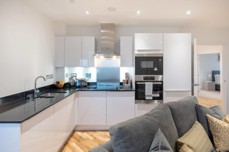 Open plan kitchen inside Canary View Apartment